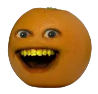 a close up of an orange with a smiley face and yellow teeth