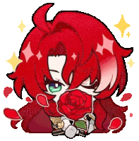 a cartoon character with red hair and green eyes is holding a red rose in his mouth .