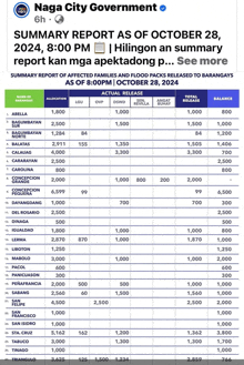 a summary report of affected families and flood packs released to barangays as of 8:00 pm on october 28 , 2024