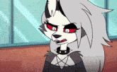 a cartoon character with a pentagram around her neck and red eyes