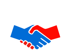 a blue and red handshake icon with a white background