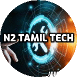 the logo for n2 tamil tech is a circle with a person 's hand pressing a button .