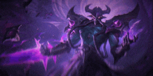 a demon with horns is holding a purple sword in his hands .