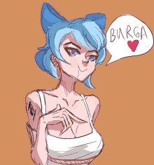 a drawing of a girl with a speech bubble that says " burga "