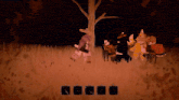 a screenshot of a video game shows a group of people standing around a tree in a field