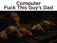 a man is laying on a bed with a woman and a baby and says `` computer fuck this guy 's dad '' .