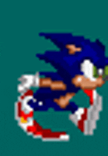 a pixel art of sonic the hedgehog running in a circle on a blue background .