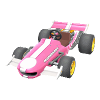 a pink and white mario kart car with a brown seat