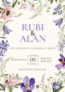 a wedding invitation for rubi and alan has purple and pink flowers on it