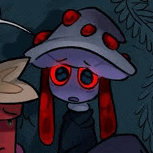 a cartoon character wearing a mushroom hat with red eyes is sitting next to another character .