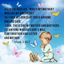 a picture of a child praying with a bible and butterflies around him