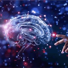 a hand is touching a brain in space .