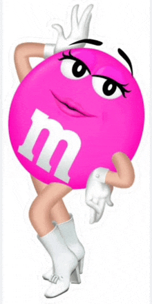 a pink m & m 's mascot wearing white boots