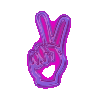 a neon sign of a hand giving a peace sign in purple