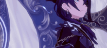 a girl with long black hair is wearing a purple dress