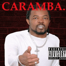 a man wearing a parental advisory shirt is pointing at the camera