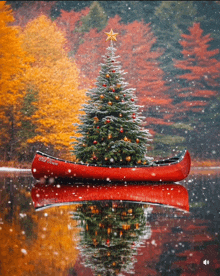 a red canoe with a christmas tree on top