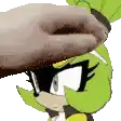 a person is petting a cartoon character 's head with their hand .