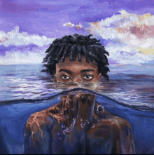 a painting of a man swimming in the ocean with a purple sky in the background