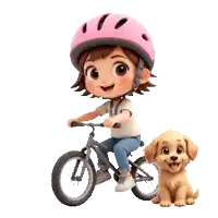 a little girl wearing a pink helmet is riding a bike next to a small dog