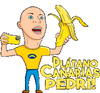 a cartoon of a man holding a banana with the words platano canarias pedri