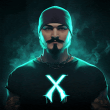 a man with a beard is wearing a t-shirt with a glowing x on it