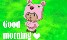 a cartoon character wearing a pink teddy bear costume with the words good morning below him