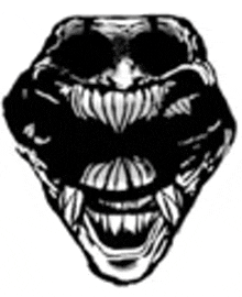 a black and white drawing of a skull with sharp teeth and a smile .