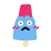 a blue popsicle with a pink top and a sad face on it