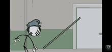 a cartoon of a police officer holding a stick in front of a door .