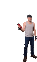 a man in a tank top holds a red bottle in his right hand