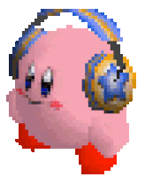 a pixel art of kirby wearing headphones on his head