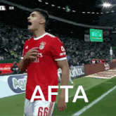a soccer player wearing a red jersey with the number 66 on it