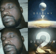 a man sleeping next to a destiny 2 poster