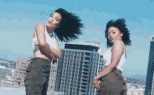 two women standing next to each other in front of tall buildings