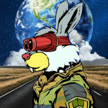 a cartoon rabbit wearing binoculars is standing on a road in front of the earth