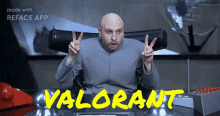 a bald man giving a peace sign with the word valorant in yellow behind him