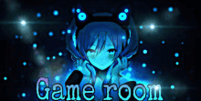 a picture of a girl with headphones and the words game room on the bottom