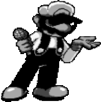 a black and white pixel art of mario holding a microphone and pointing .