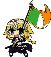 a cartoon girl is holding a green and orange flag