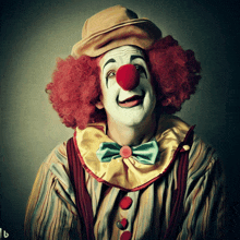 a man dressed as a clown with a red nose is smiling