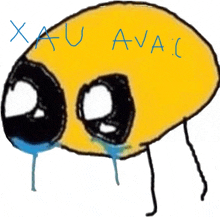 a drawing of a yellow object with the words xau avac written in blue