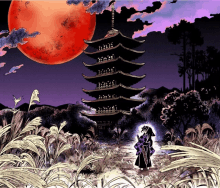 a drawing of a man standing in front of a tall building with a red moon in the background