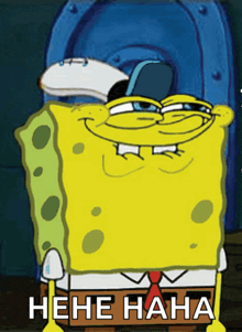a cartoon of spongebob laughing with the words " hene haha " written below him