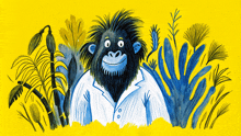 an illustration of a monkey in a lab coat surrounded by plants