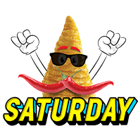 a cartoon illustration of a corn cone with a mustache and sunglasses and the word saturday below it