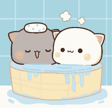 two cartoon cats are taking a bath together and one has a towel on its head