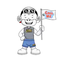 a cartoon character holding a flag that says call me on it