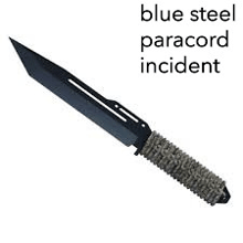 a blue steel paracord incident knife with a paracord handle on a white background .