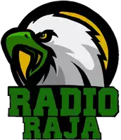 a logo for radio raja shows an eagle with a lightning bolt around its head